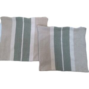 2 Pottery Barn Beige & Green Stripe 100% Wool 18x18 Throw Pillow Covers